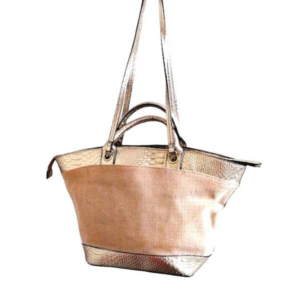 London Fog TOTE Bag 12x20 Gold Leather Trim Shoulder Strap 4 Feet Canvas Luxury - Picture 1 of 16